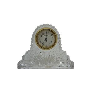 VTG Details Clear Glass Mini Clock 2.75" Gold Trim Floral Quartz MCM Not Working